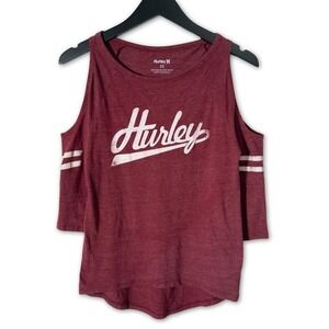 Hurley Cold Shoulder Top Womens XS‎ Burgundy Graphic 3/4 Sleeve Tee Surfwear